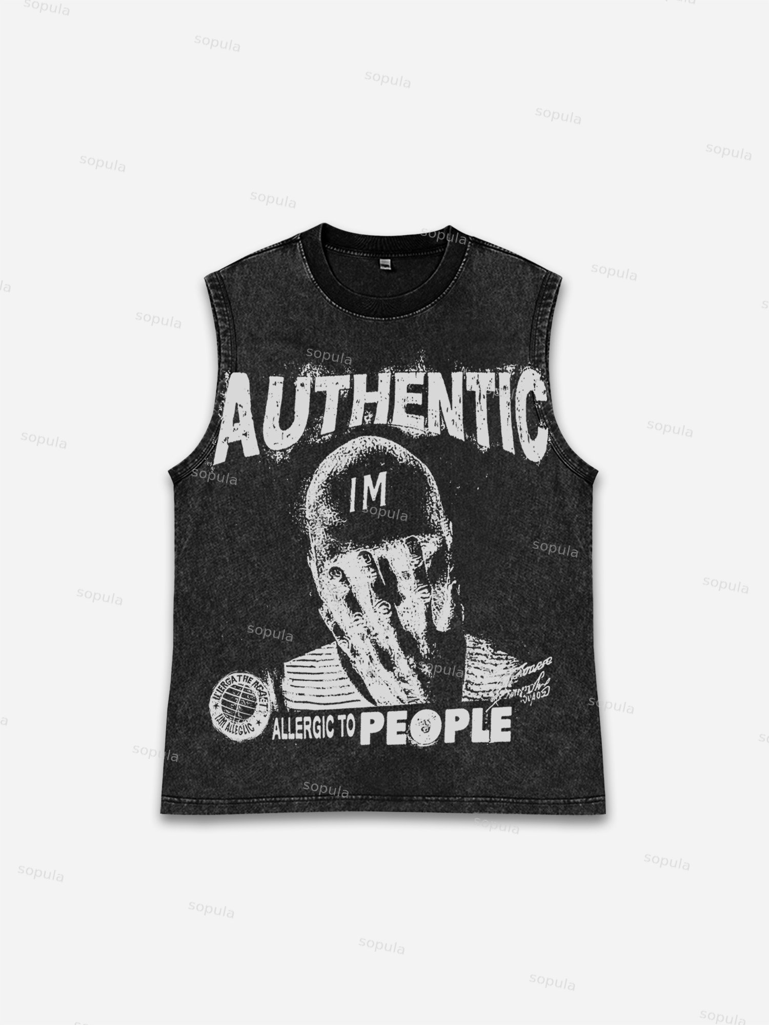 Retro I Am Allergic To People Graphic Wash Tank Top