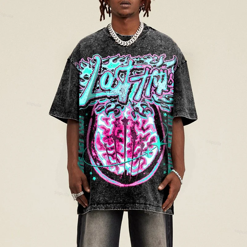 Sopula Retro Lost In The Hills Come Get Lost Graphics Acid Washed T-Shirt