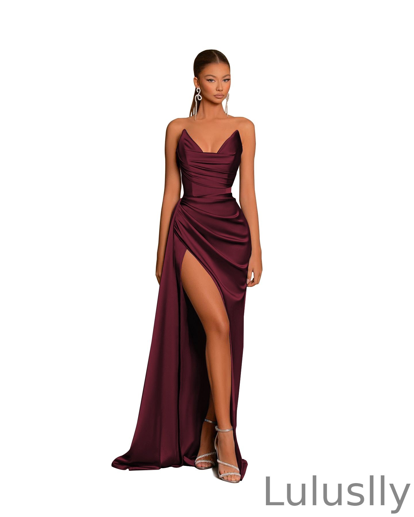 Luluslly Sweetheart Dusty Blue Evening Dress Mermaid Long Slit With Pleats