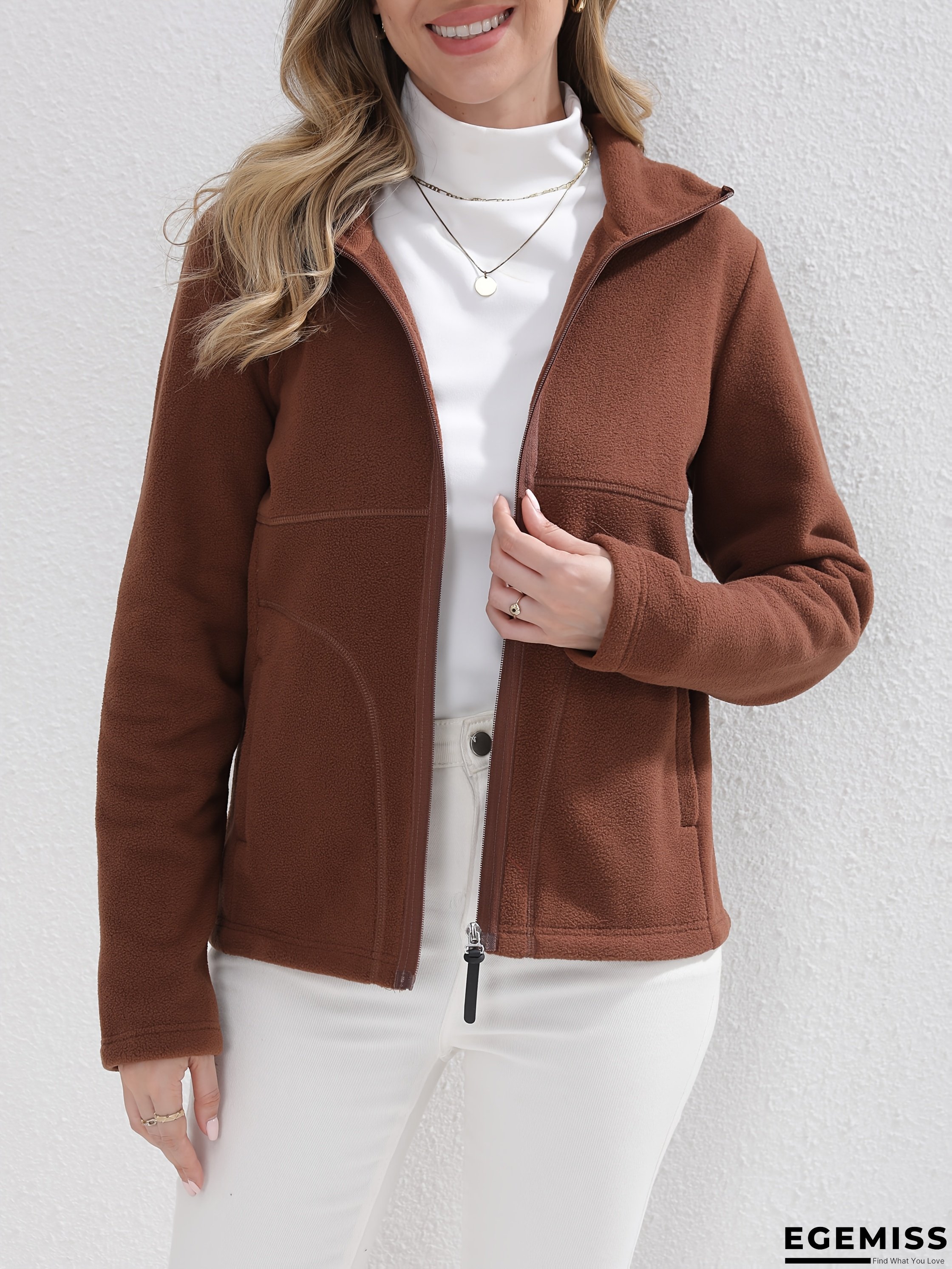 Women&lsquo;s Lightweight Brown Fleece Jacket - Casual Zip-Up High Neck Long Sleeve Coat with Front Pockets, Perfect for Fall/Winter Outdoor Activities, Casual Outerwear | Zipup Jacket | Sleek Appearance | EGEMISS
