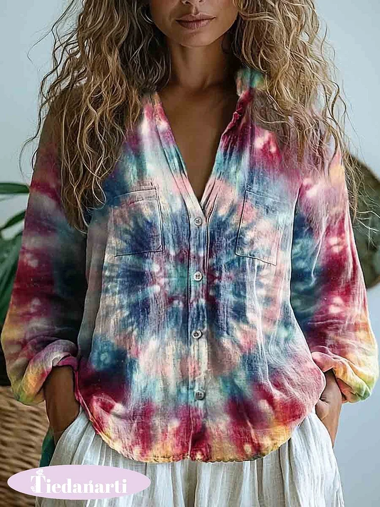 Women's Tie Dye Art Print Casual Long Sleeve Comfortable Cotton Shirt