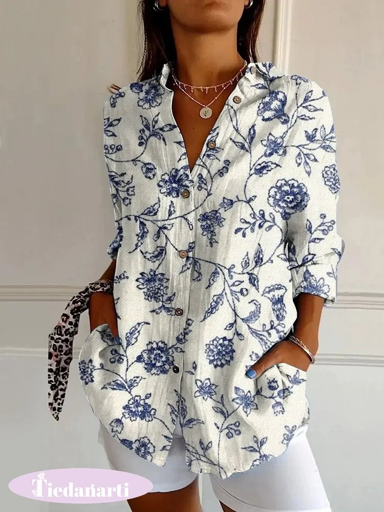 Vintage Floral Print Casual Long Sleeve Shirt
