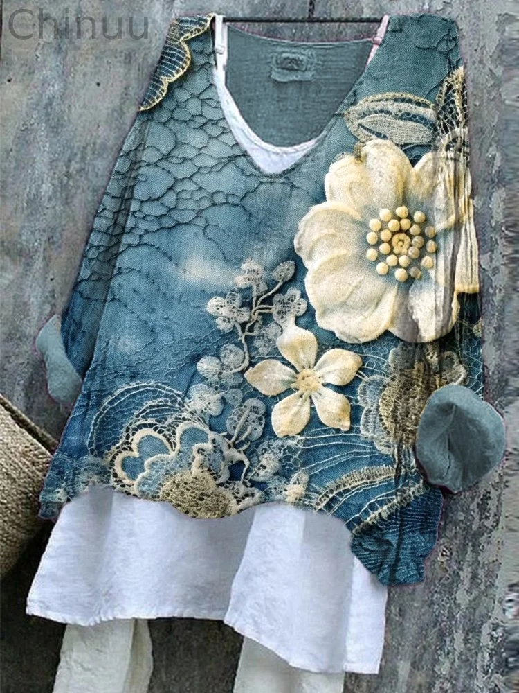 Lace Floral Embroidery Art Linen Blend Vintage Shirt