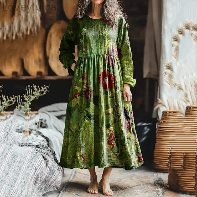 Women's Vintage Oil Painting Floral Art Pattern Print Pocket Dress