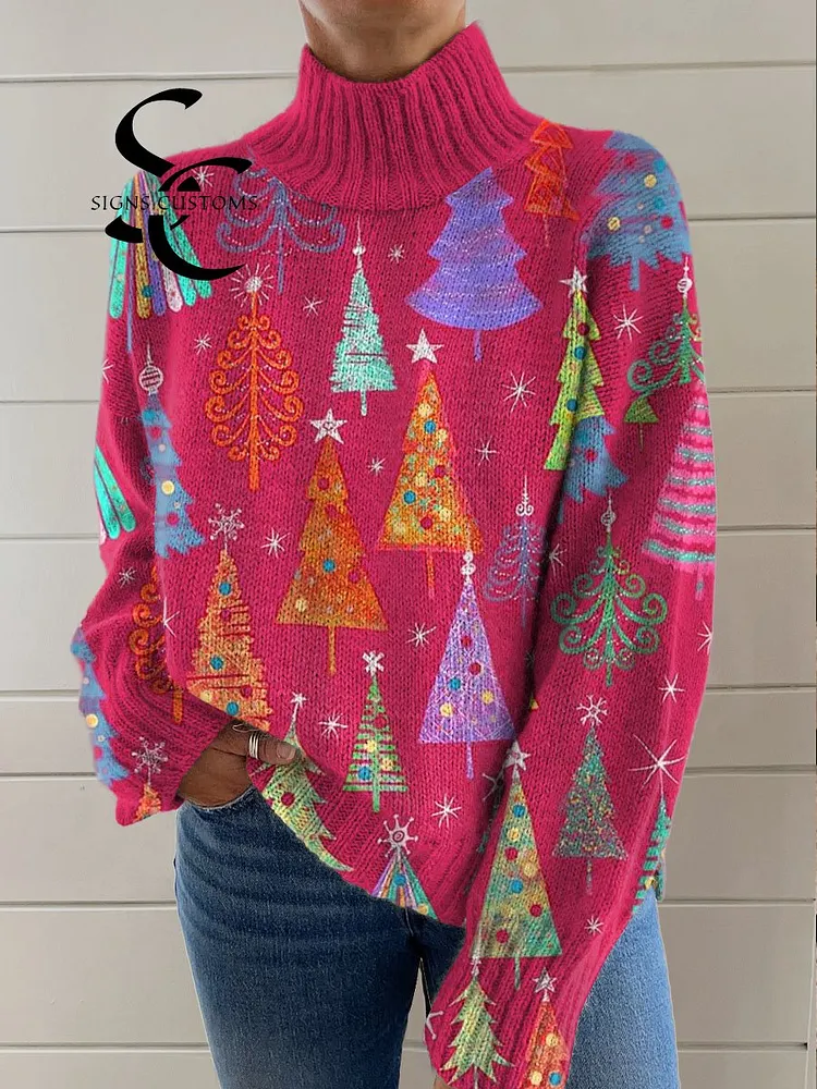 Pink Christmas Tree Art Print Knit Turtleneck Pullover Sweater