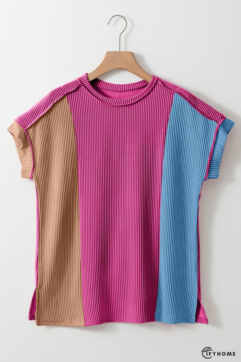 Color Block Round Neck Short Sleeve T-Shirt - 5% Elastane | IFYHOME