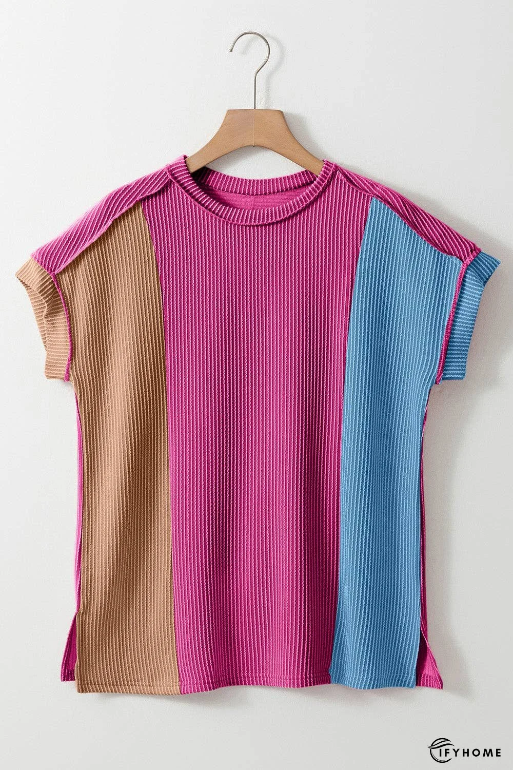 Color Block Round Neck Short Sleeve T-Shirt - 5% Elastane | IFYHOME