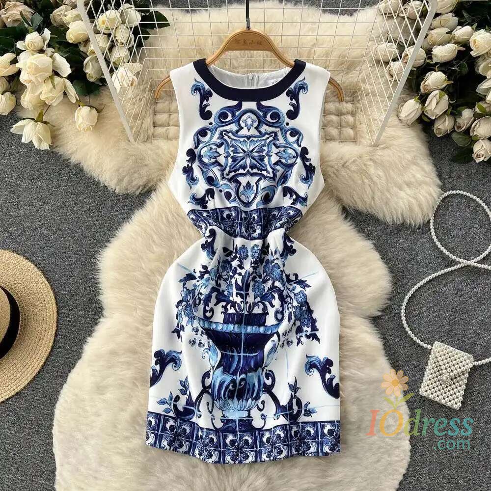 IO Dress Women Dress Runway Summer Clothes Midi Dress Spaghetti Strap Blue White Porcelain Elastic Bust A-line Vintage Long Dresses IO Dress
