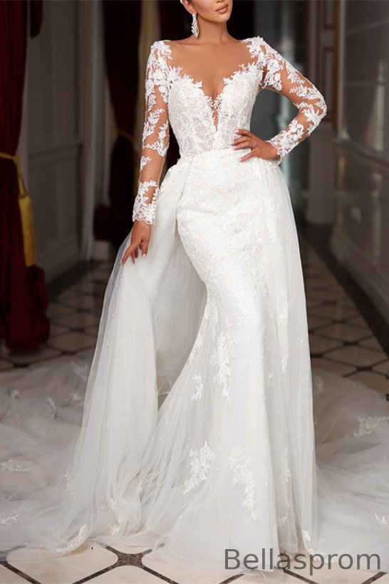 Bellasprom Long Sleeves Lace Wedding Dress Mermaid With Detachable Skirt Bellasprom