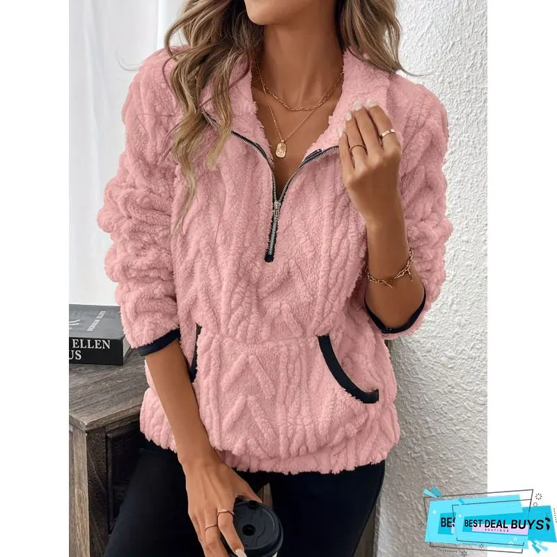 Womens Fleece Half-Zipper Sweater with Large Pocket Soft Warm Full-Zip Closure Machine
