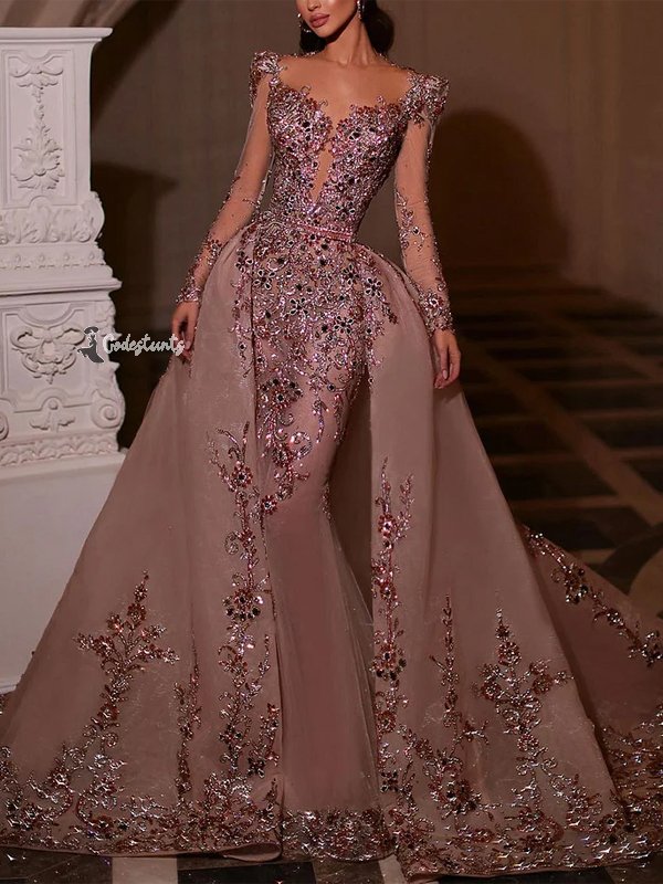 Sequined Lace Long Sleeve Solid Color Maxi Dress