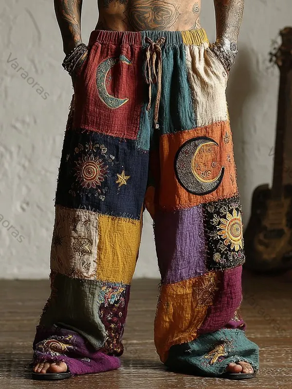 Men's Hippie Mysterious Sun Moon Colorblock Print Casual Pants 7f3a