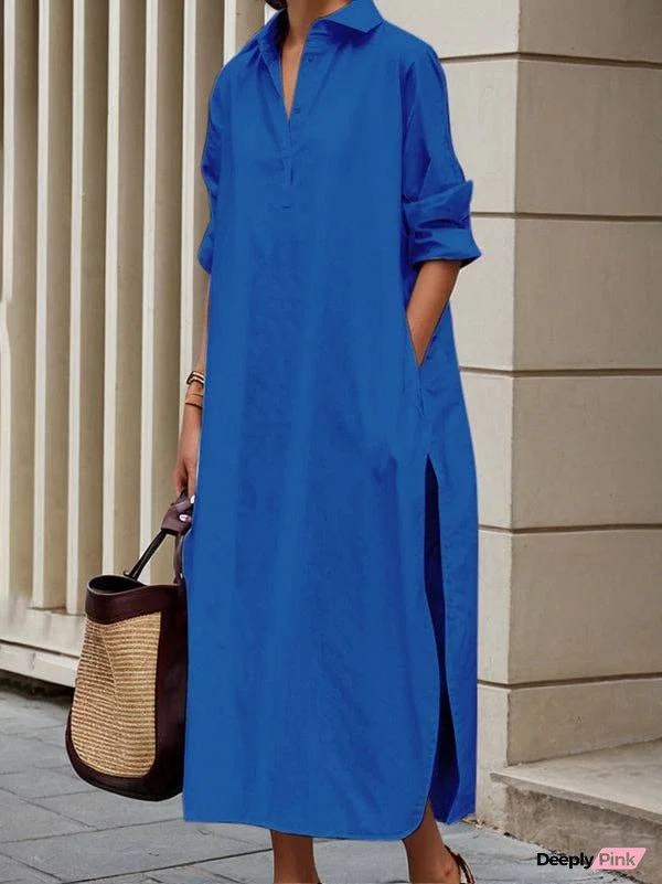A-Line Long Sleeves Buttoned Pockets Solid Color Split-Side Lapel Midi Shirt Dresses