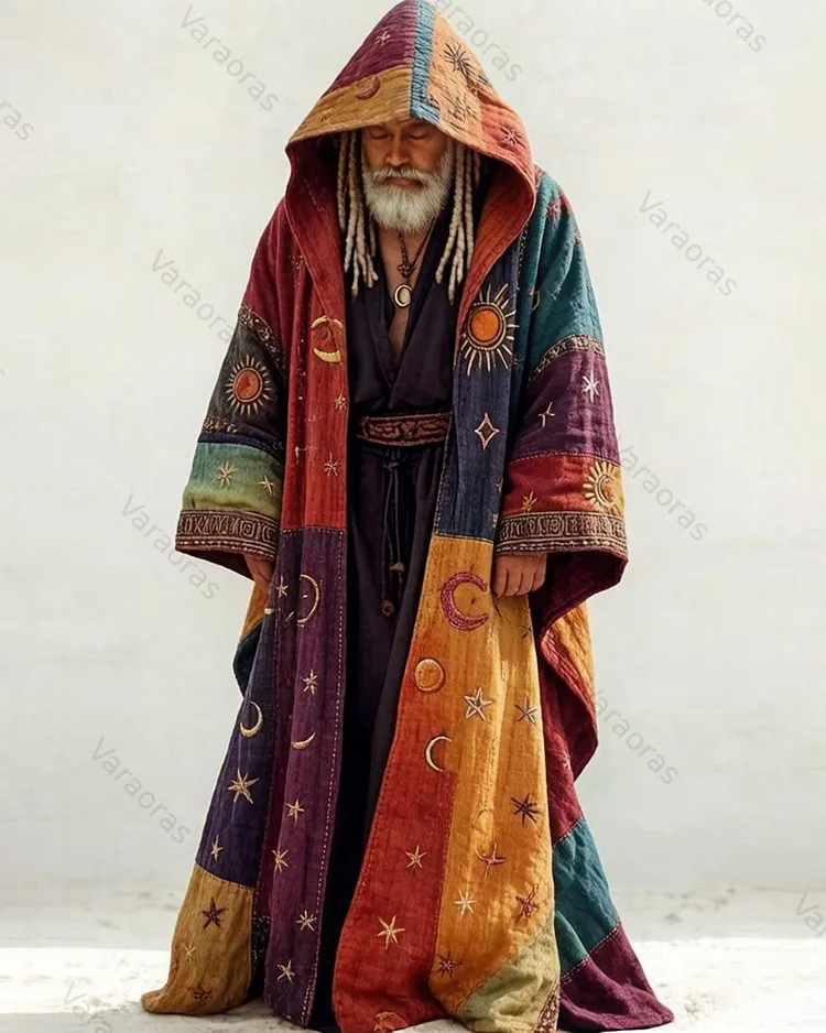 Men's Summer Fashion Hippie Style Star and Moon Embroidered Linen Cardigan Hooded Cape  7323