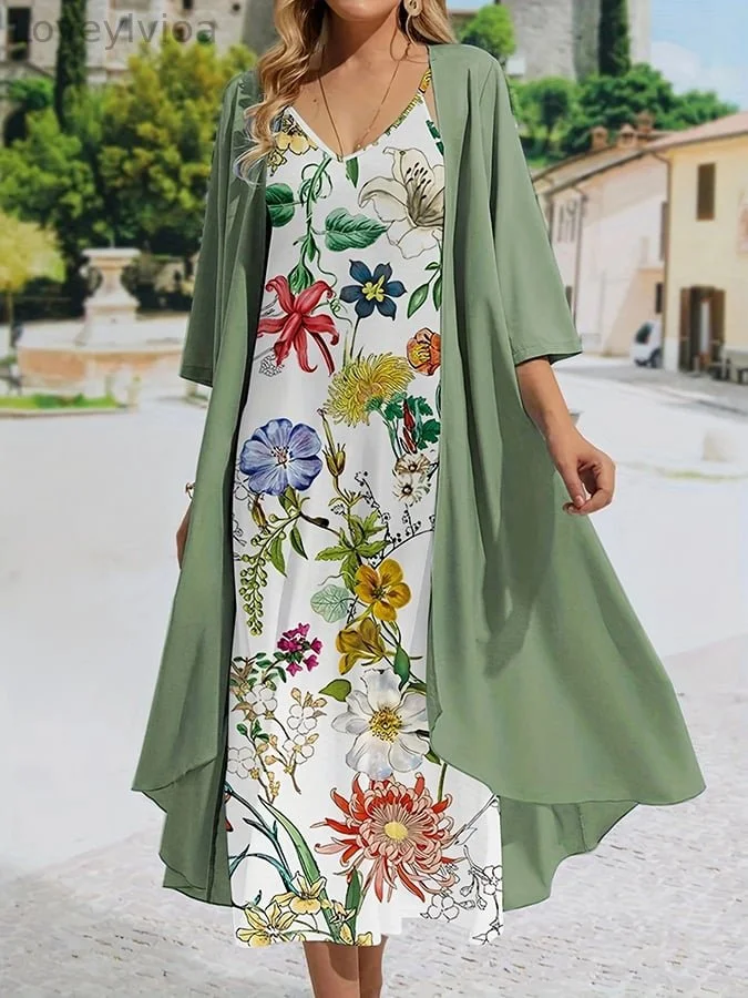 Women's Fashionable And Elegant Printed Dress Chiffon Blouse Two-Piece Set