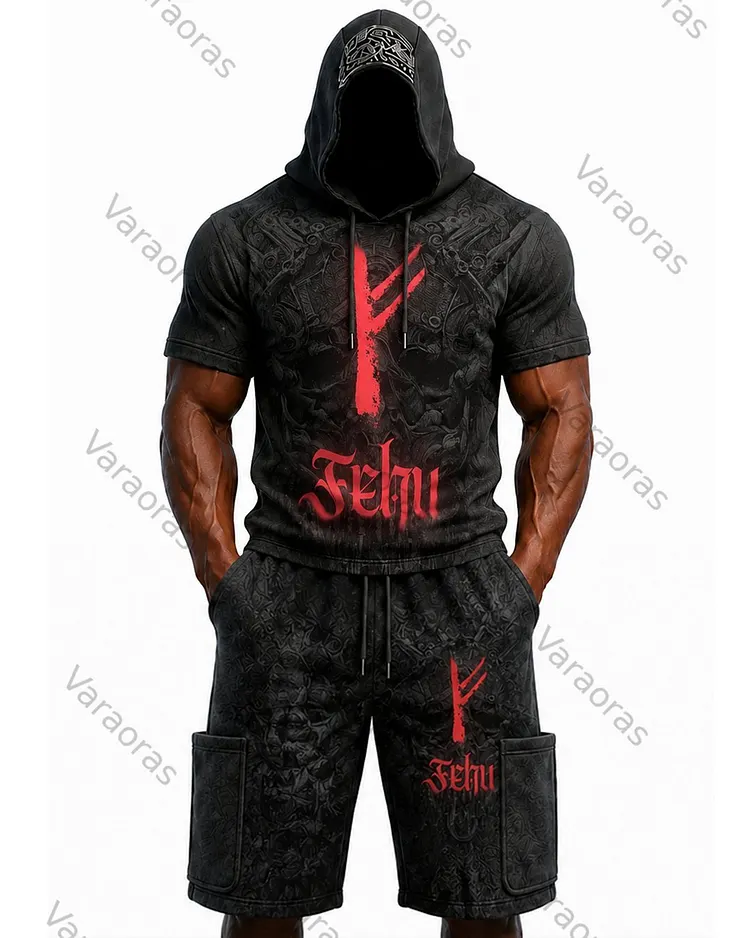 Men's Fashion Viking Rune Print Top & Shorts Two-Piece Set 3651