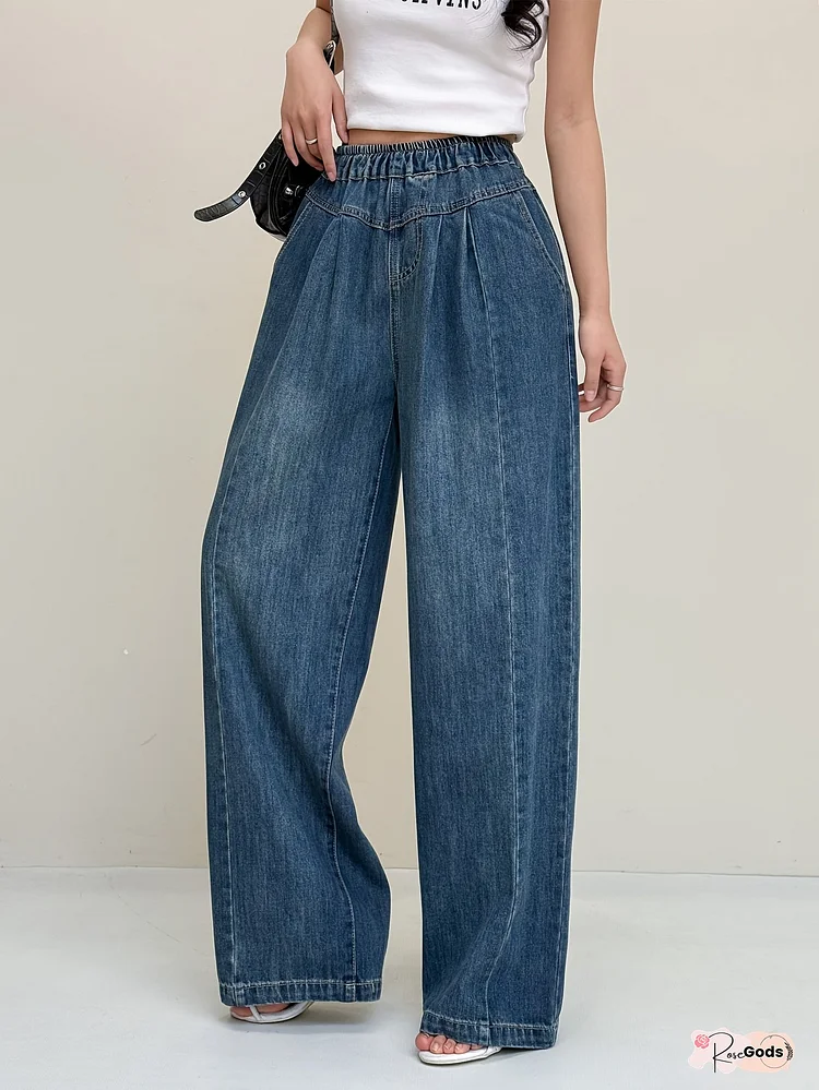 Bow Embroidered Baggy Jeans For Women, Elastic Waist Wide And Straight Leg Jeans For Autumn And Winter, Relax Fit Denim Pants For Everyday & Formal Out Fits, 2025 New Design