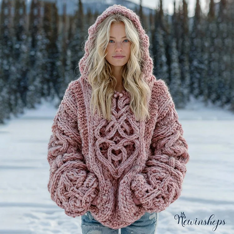 Women's Vintage Viking Celtic Knot Pattern Cozy Knit Hoodie Sweater