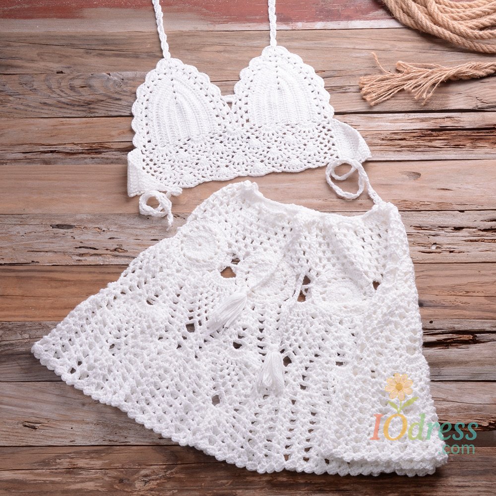 IO Dress CROCHET BIKINI Two-piece Crochet Women Bikini Set Cover Up Swimsuit Swim Skirt Swimwear Bathing Swimdress Beachwear