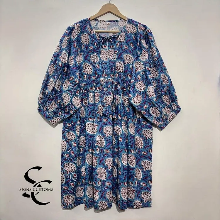 Blue Block Printed Cotton Dress &ndash; Indian Tunic Long Top, Bridesmaids Dress