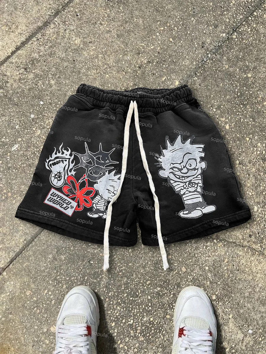 Vintage Street Graphic Drawstring Shorts