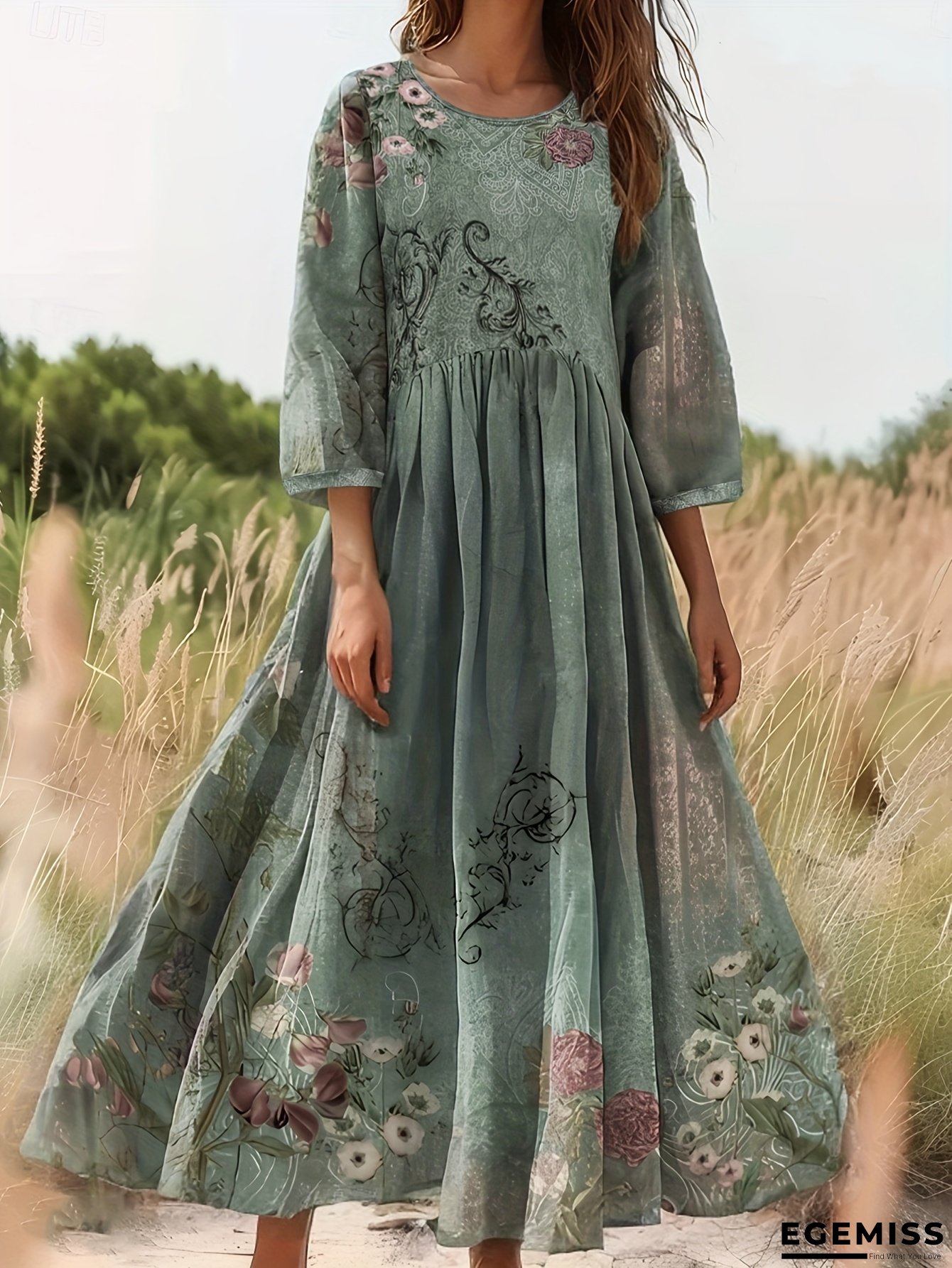 New Floral Print Loose-Fitting Dress With Three-Quarter Sleeves In Army Green, Perfect For Outdoor Like Picnics And Camping. | EGEMISS