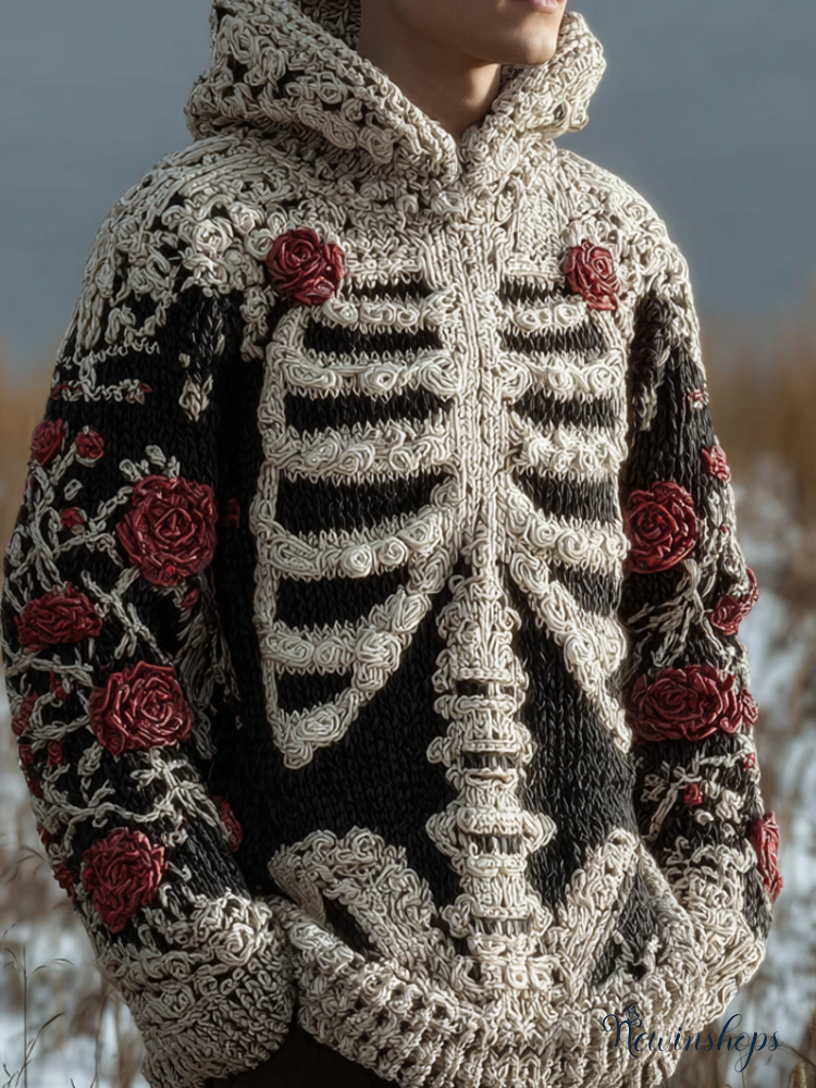 Halloween Human Anatomy Style Bone Pattern And Flower Pattern Combined Design Men's Hooded Knit Sweater