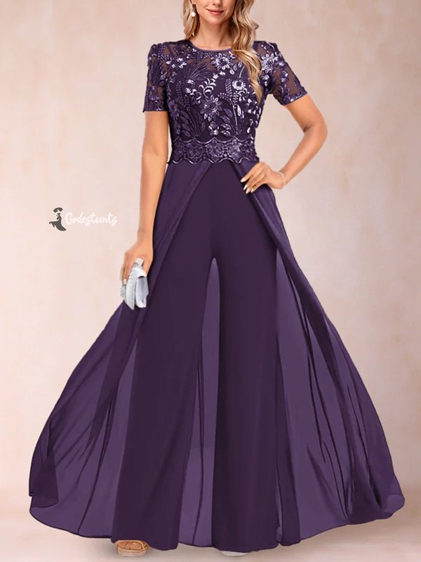 A-Line/Princess Scoop Short Sleeves 2 Pieces Pantsuits with Applique