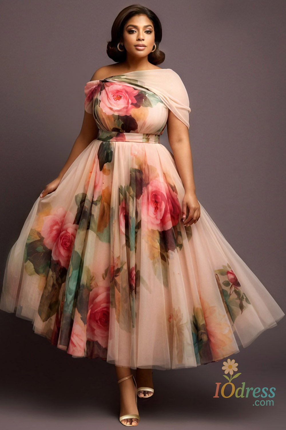 IO Dress Plus Size Wedding Guest Multicolor Floral Off The Shoulder Pocket Tulle Midi Dresses IO Dress