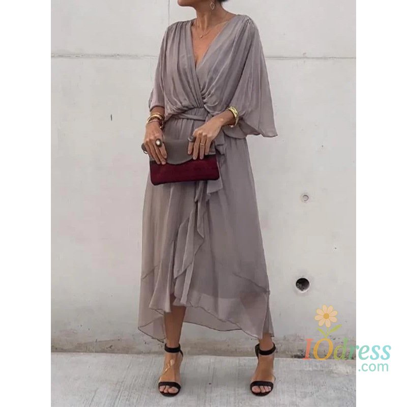 IO Dress Summer New Women's Dress Solid Color Bat Sleeves Half-sleeved Lace-up Sexy V-neck Long Dress Fashionable Irregular Long Dress IO Dress