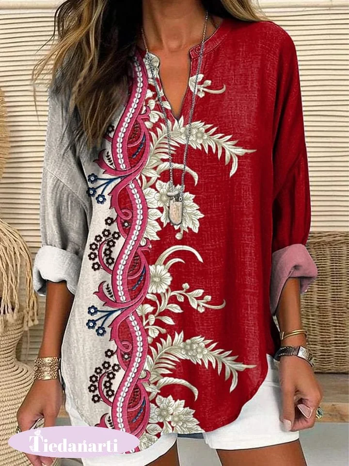 Ethnic Style Floral Art Printed Women's Casual Linen V-Neck Shirt