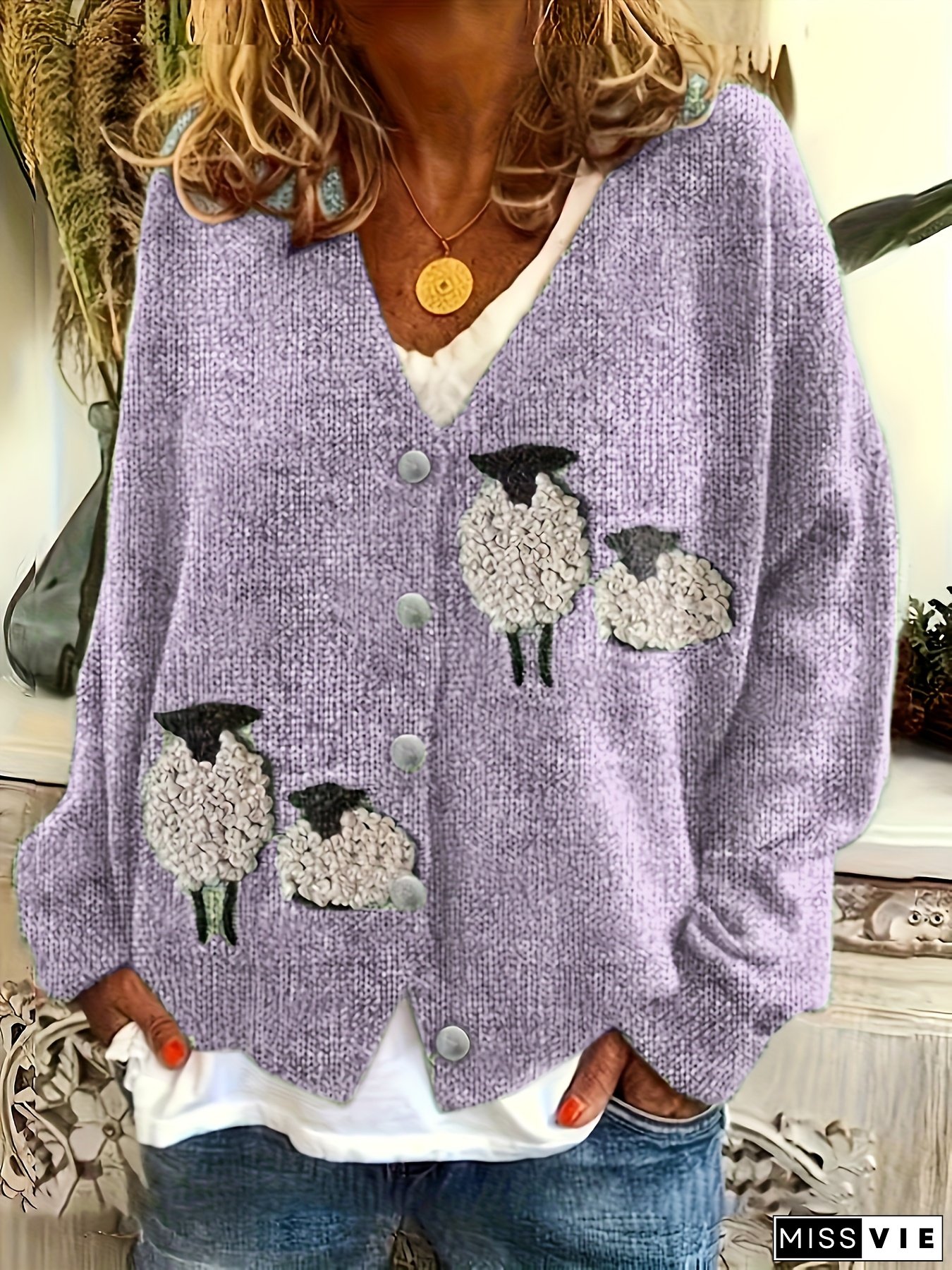 Cozy Elegant &bull; Women's V-Neck Cardigan &bull; Sheep Pattern &bull; Soft Long Sleeve &bull; Winter Knitwear &bull; Button-Front Drop Shoulder