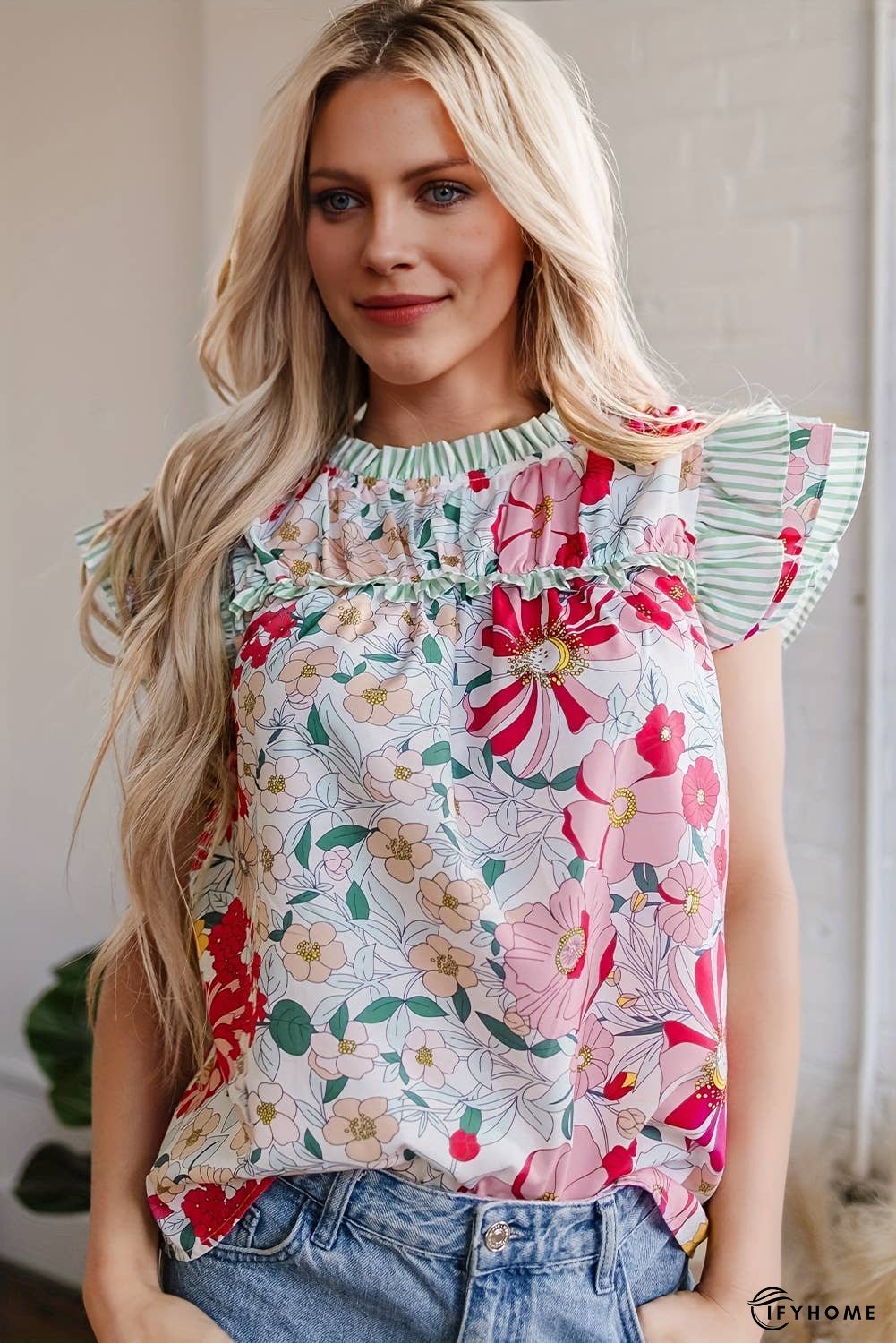 Floral Print Contrast Ruffle Trim Short Sleeve Blouse | IFYHOME