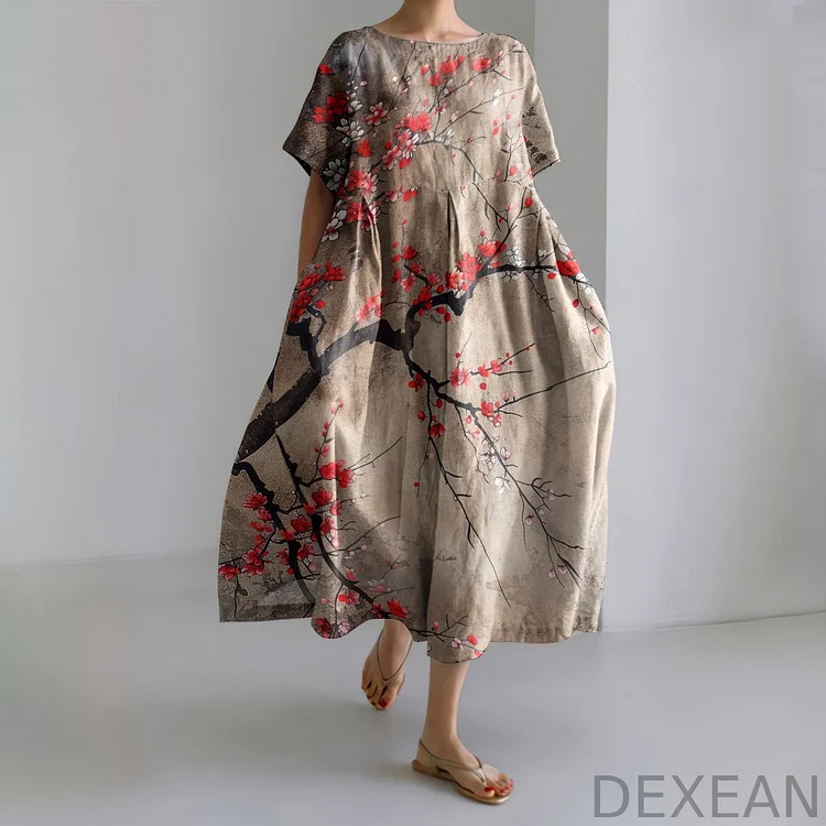 Retro Blossom Japanese Art  Round Neck Short Sleeve Casual Midi Dress