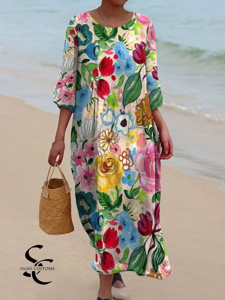 Women's Watercolor Floral Art Print Flowy Dress