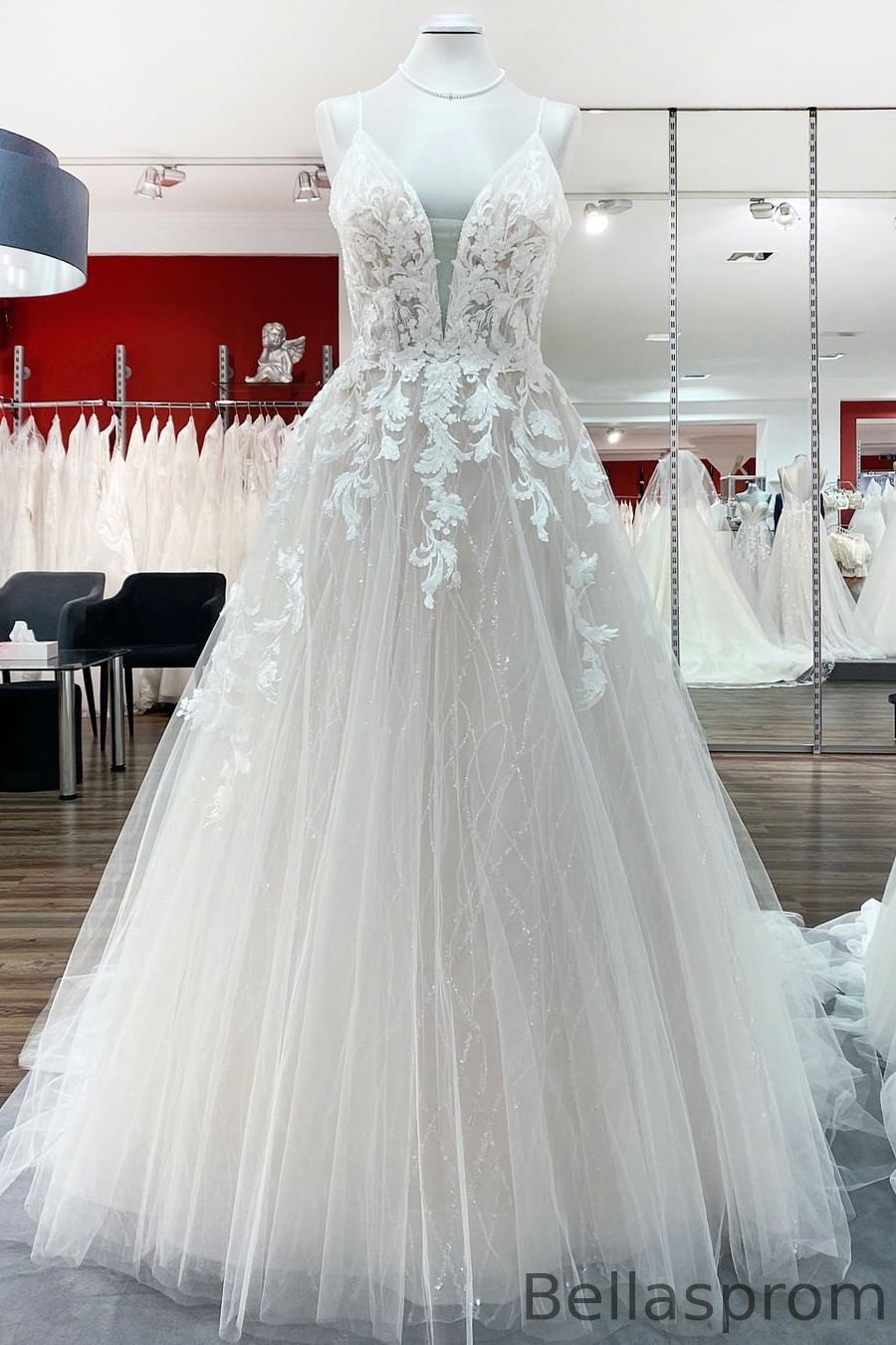 Bellasprom Beautiful Long Tulle V-Neck Wedding Dress With Sequined Lace Appliques Spaghetti-Straps Bellasprom
