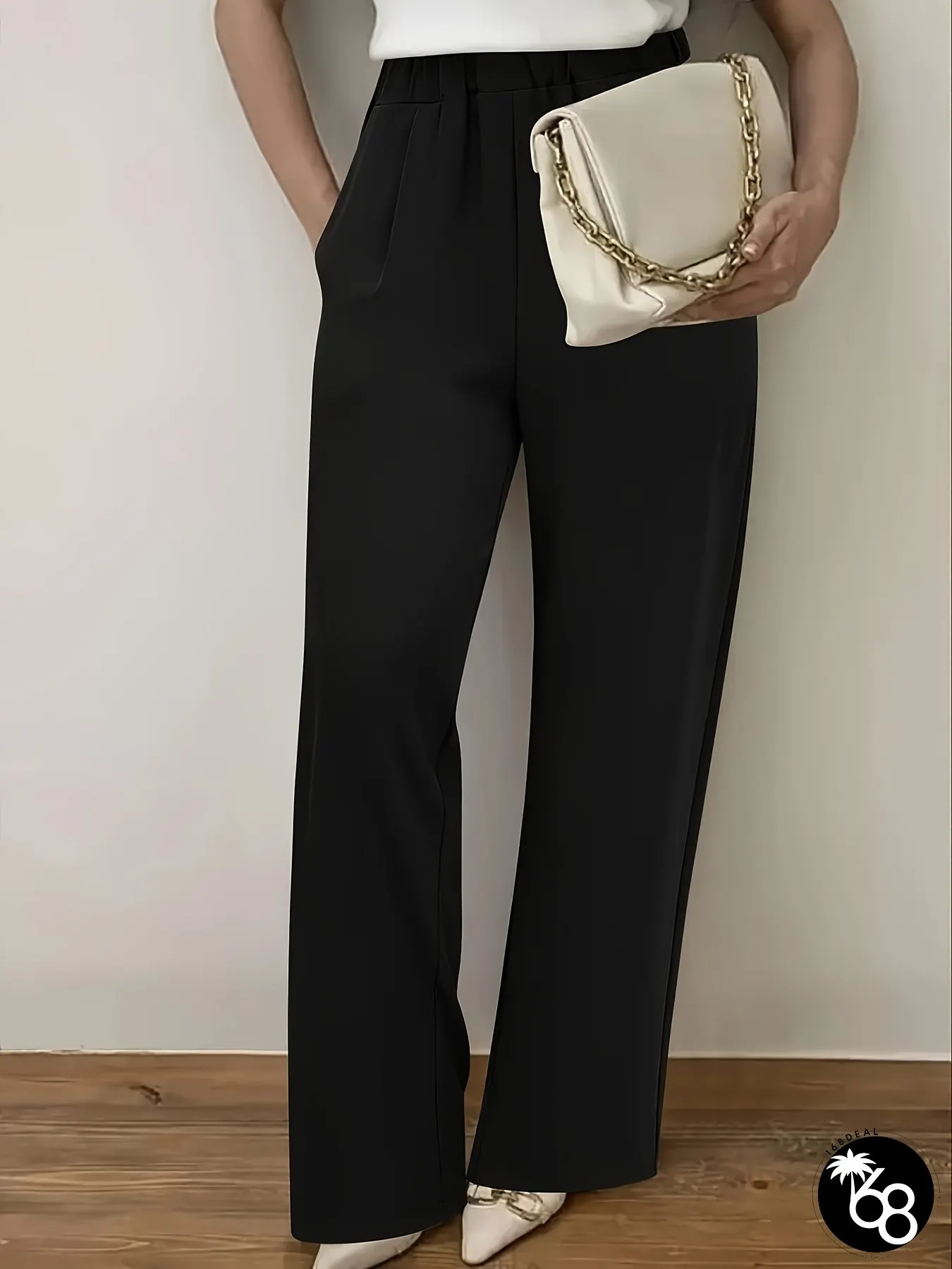 Womens High-Waisted Wide-Leg Pants Casual Solid Black Trousers with Adjustable Drawstring | 168DEAL