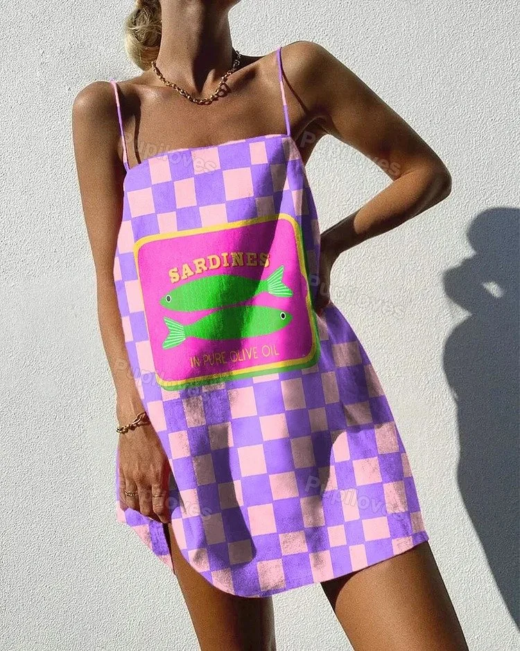 Pupiloves Pupiloves Women's Square Canned Sardines Print Mini Dress