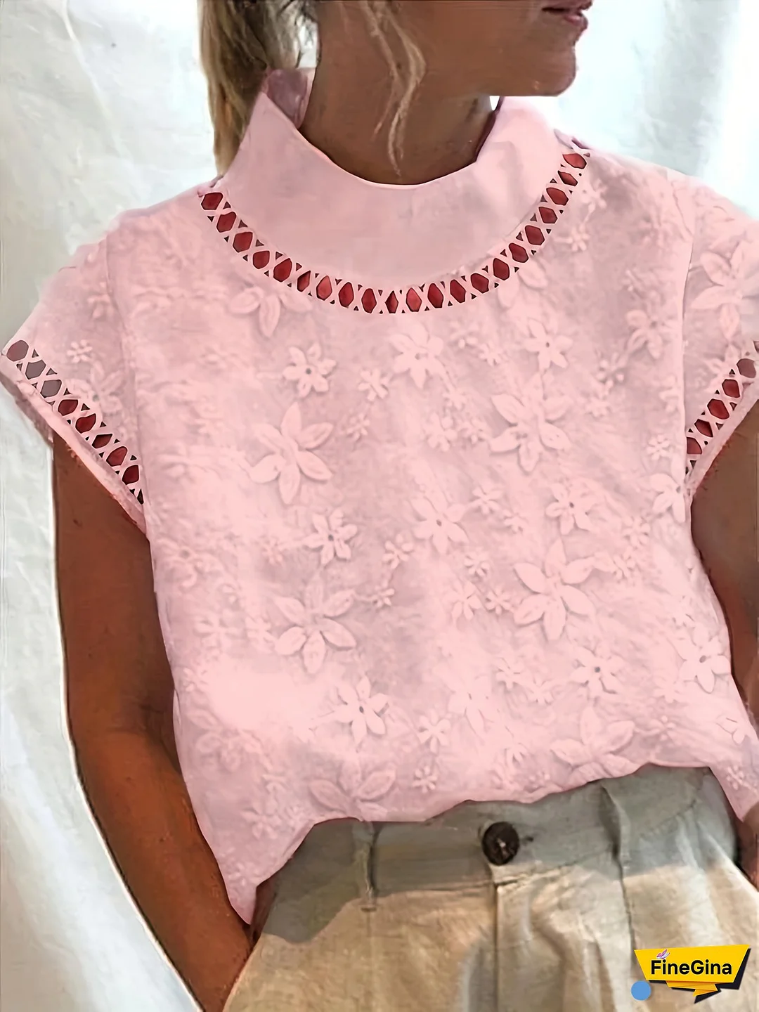 Women's Light Blue Floral Lace-Trimmed Blouse - Short Sleeve, High Neck, Casual Summer Top With Contrast Detailing, Perfect For Casual Attire, Ladies Blouses