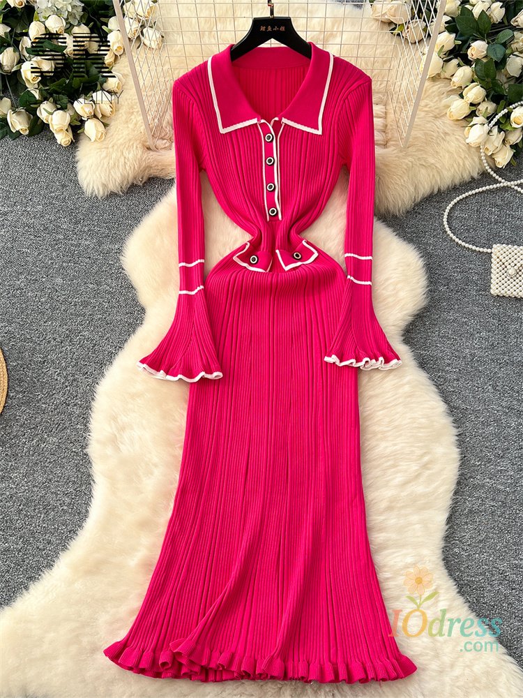 IO Dress SINGREINY Autumn Knitted OL Bodycon Dress 2025 Lapel Neck Long Sleeves Elastic Waist Slim Pleated Sweater Vintage Long Dress