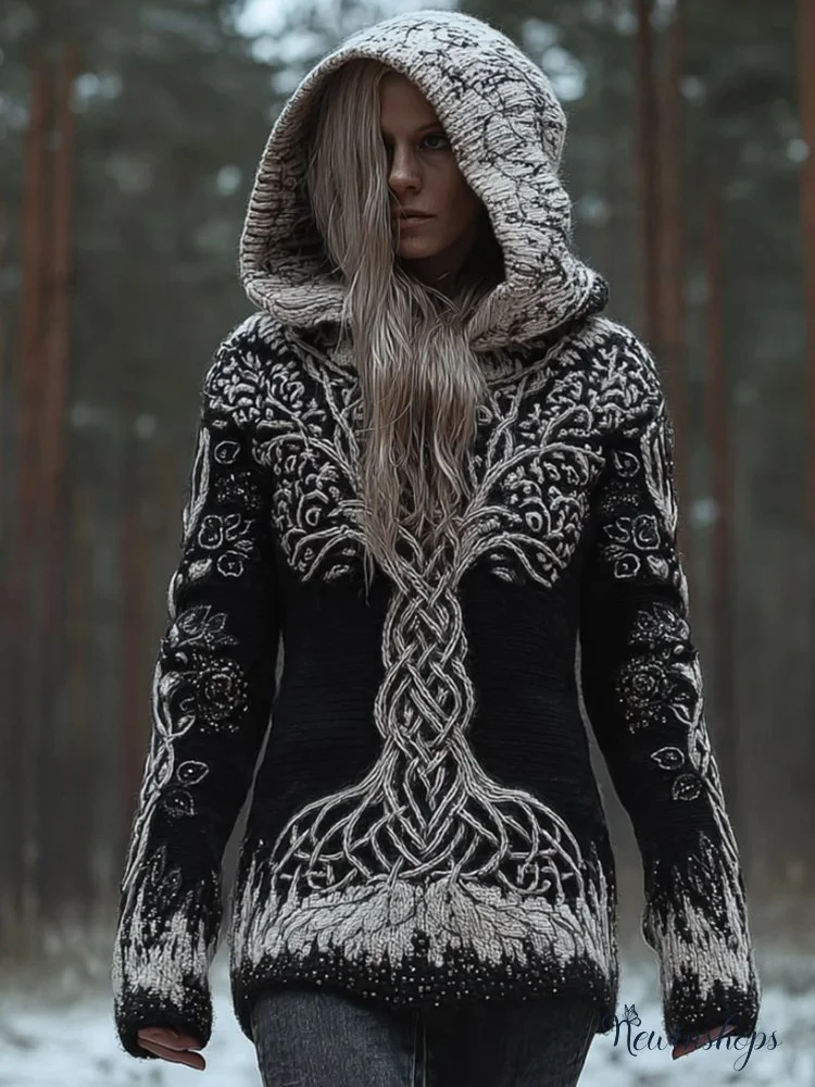 Women's Viking Style Tree Of Life Gothic Hooded Sweater