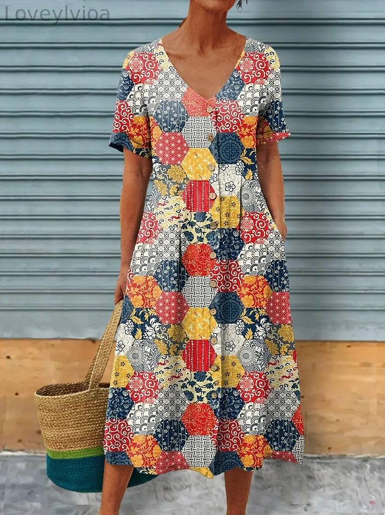 Japanese Style Art Patchwork Pattern Printed Women's Linen Pocket Tunic Dress