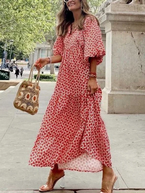 Printed Patch Puff Sleeve Dress