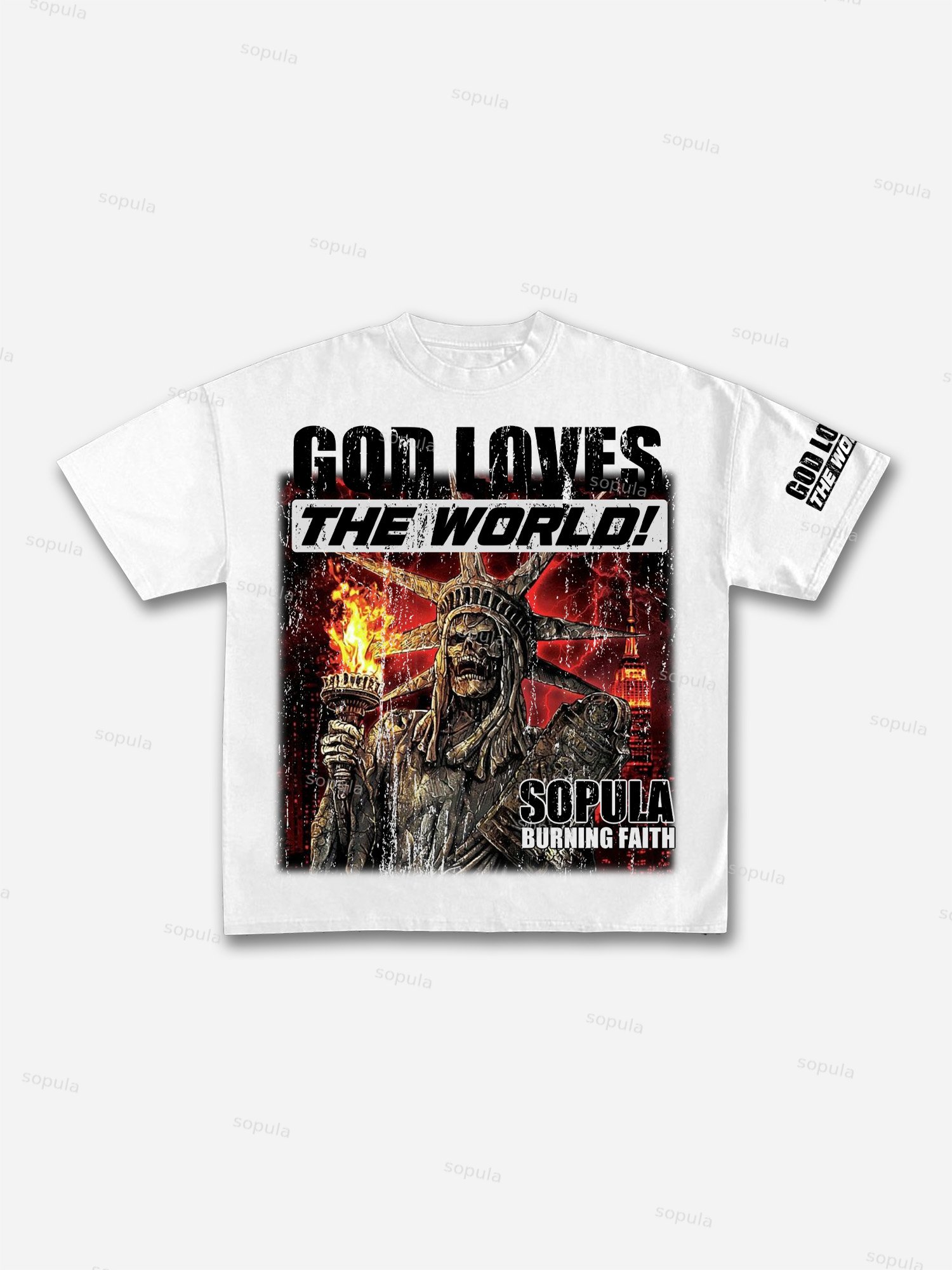 God Loves The World Burning Skull Statue Of Liberty Vintage Graphic Cotton T-shirt