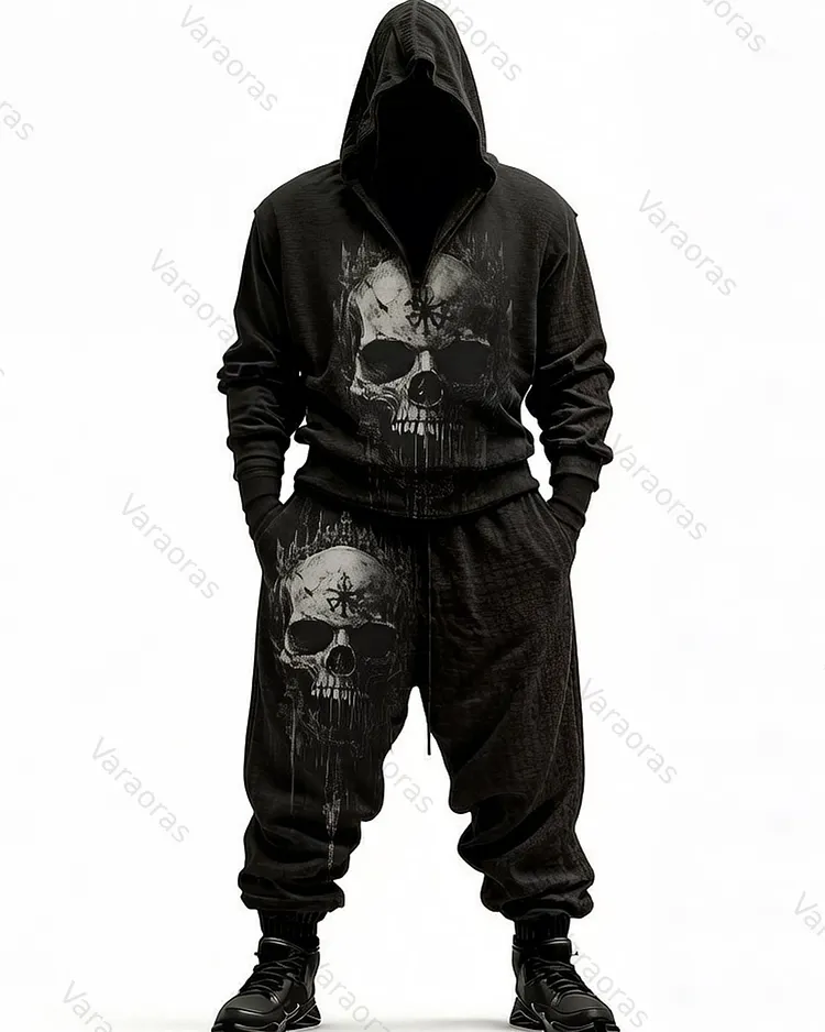 Men's Summer Fashion Gothic Skull Gradient Hooded Top and Pants Two-Piece Set  6809