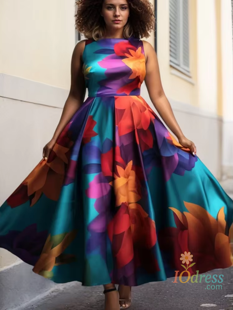 IO Dress Plus Size Women Floral Printing Dress Sleeveless Round Neck Satin A-line Female Elegant Fashion Summer Dresses 2025 IO Dress
