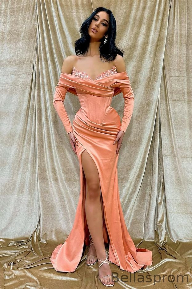 Bellasprom Long Sleeves Prom Dress Mermaid Slit With Sequins Off-the-Shoulder Bellasprom