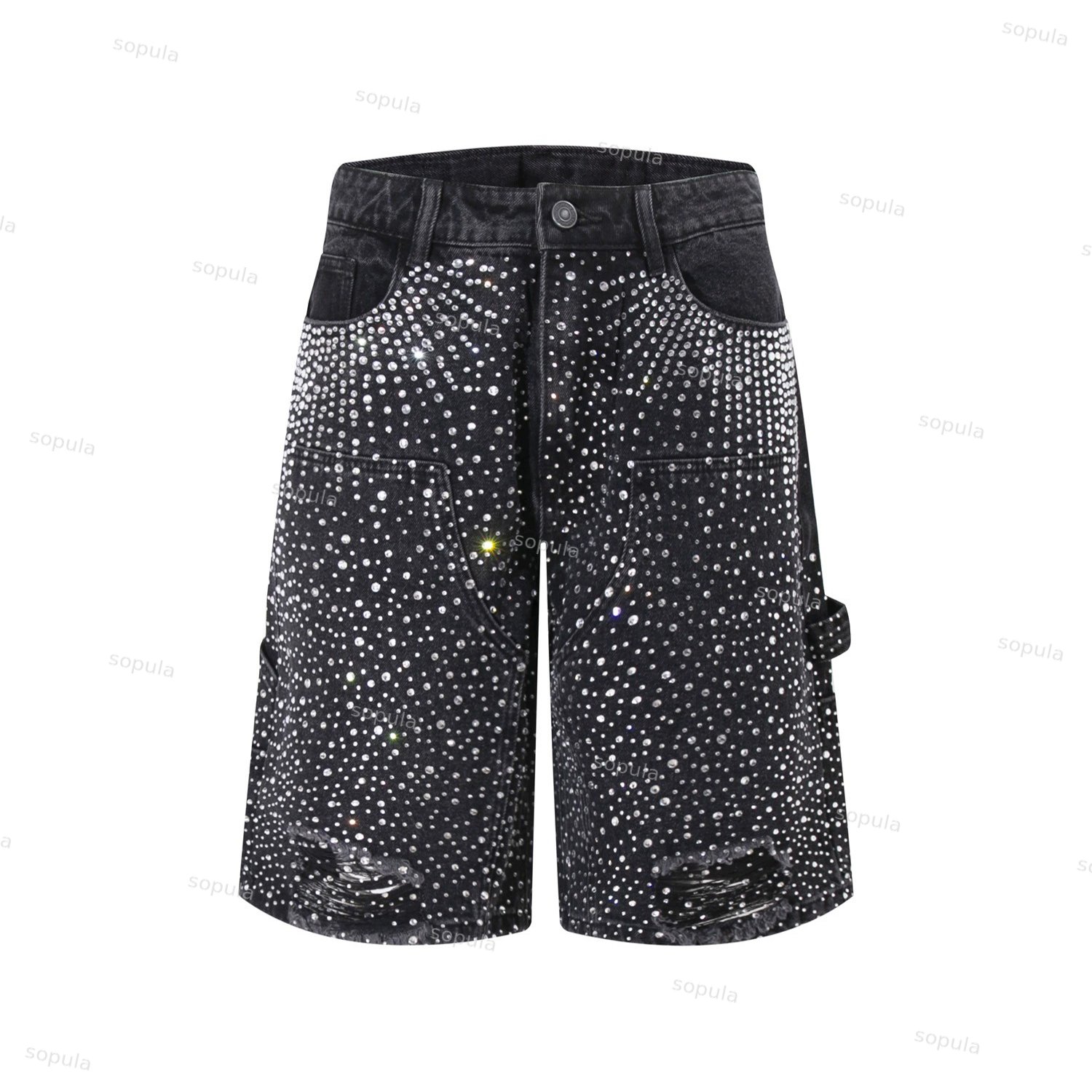 Hiphop Street Rhinestone Five-point Denim Shorts