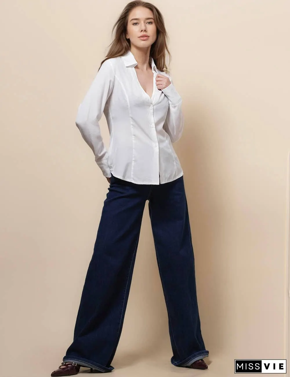 Ladies Long Sleeves Button Down White Shirt SKT51064