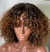 Brown/Black Color Brazilian Remy Curly Hair Wig With Bangs Glueless Wigs